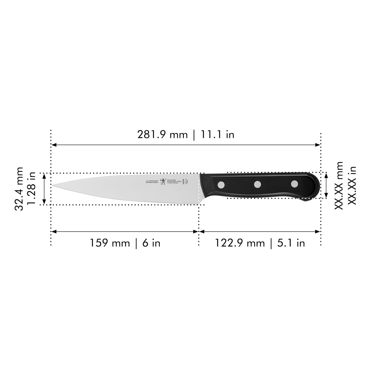 Ergonomic triple-rivet handle on Henckels knife for fatigue-free slicing.