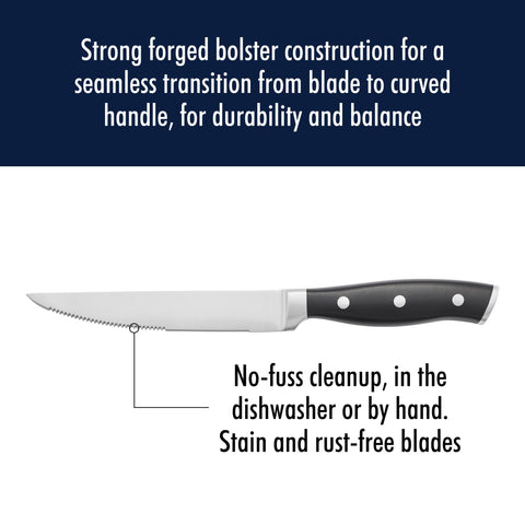 HENCKELS Forged Accent set displayed in a block emphasizes stylish kitchen tools.