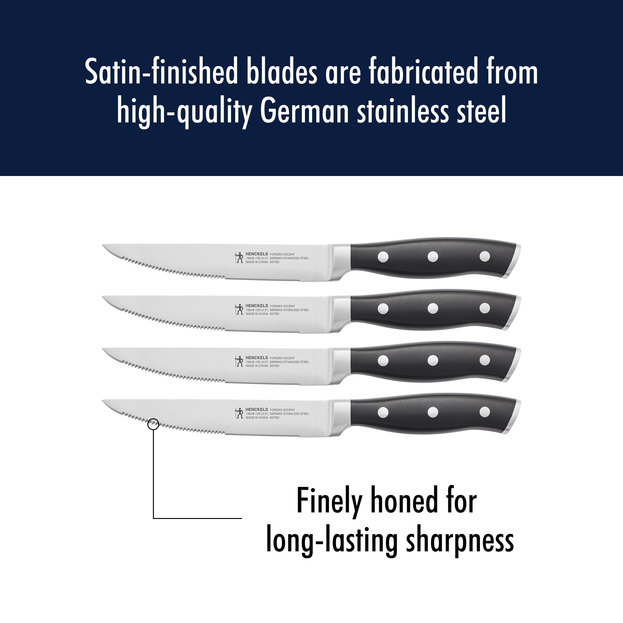 HENCKELS Forged Accent triple-rivet handle with endcap for ergonomic grip.