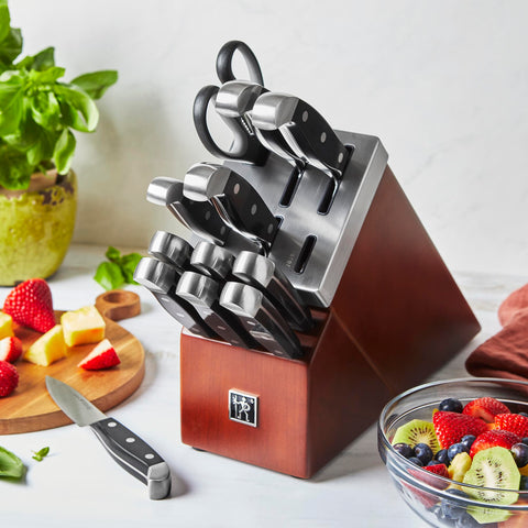 Henckels Statement knives in self-sharpening slots maintain precise, long-lasting sharpness.