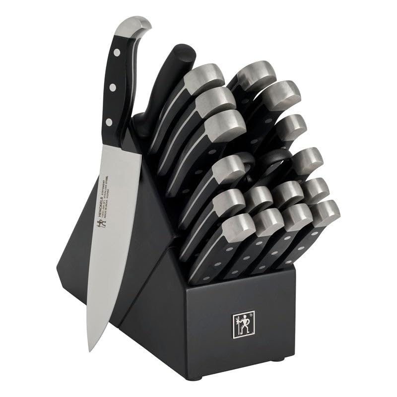 Henckels Statement 20-piece knife set in black block for precise slicing and everyday prep.