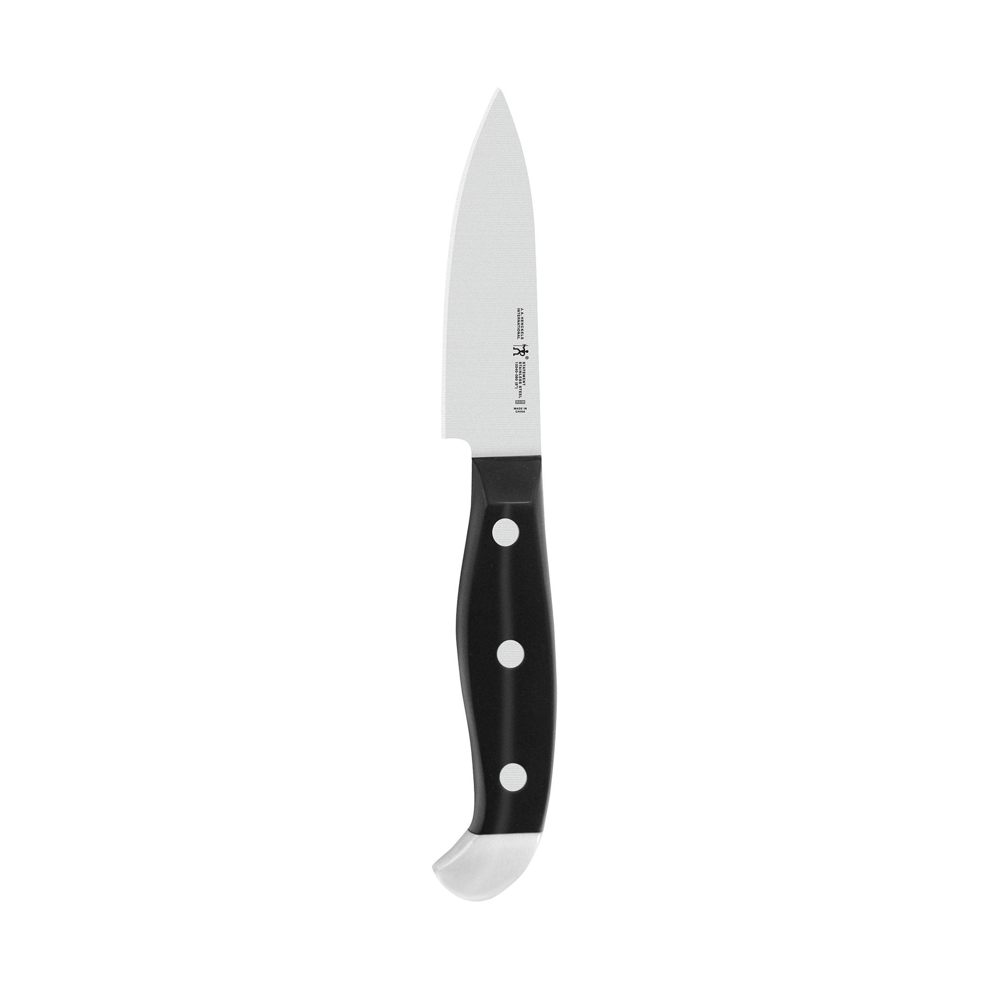 Henckels Statement paring knife blade close-up showing razor-sharp edge for precise cuts.