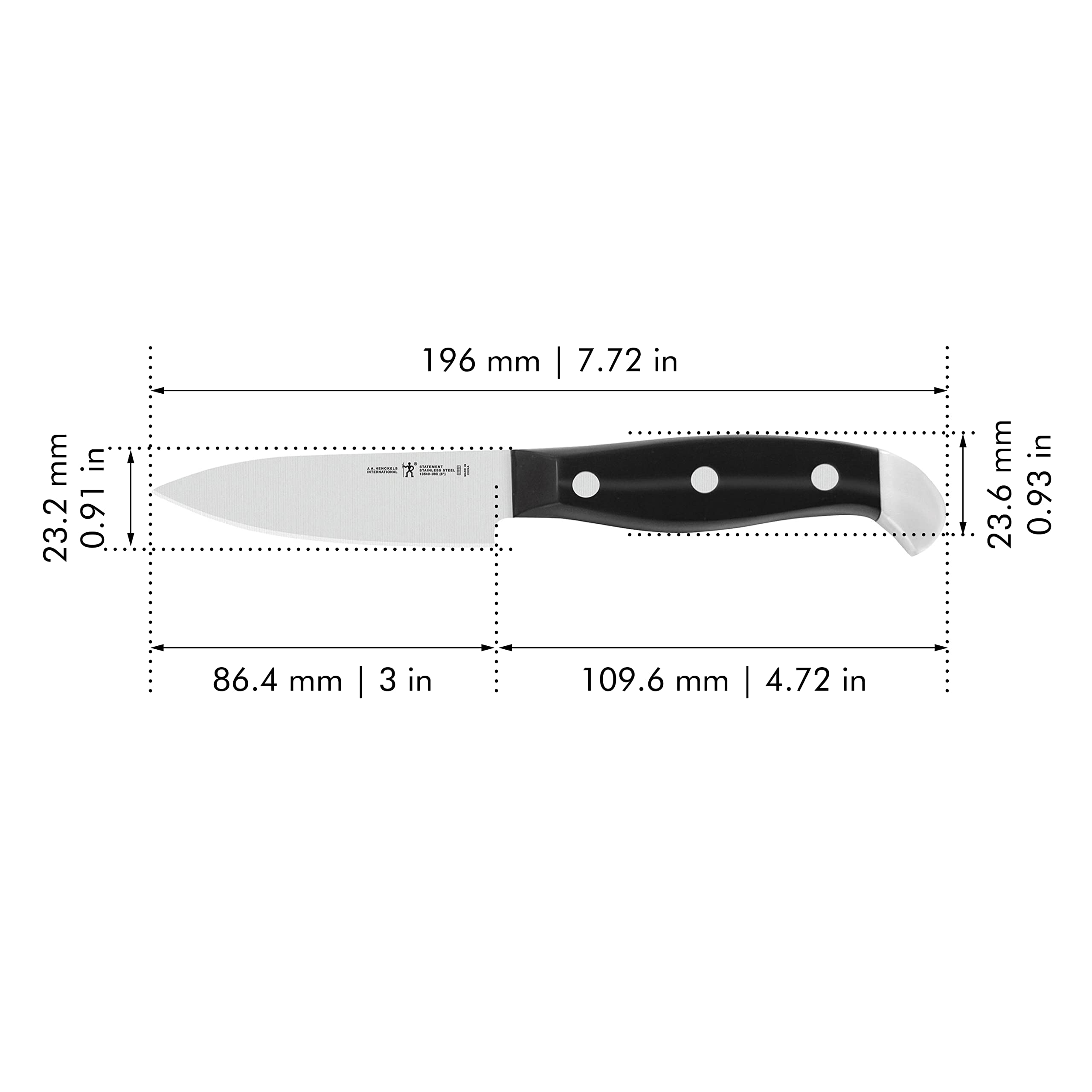 Henckels Statement paring knife full-tang construction for balanced control.