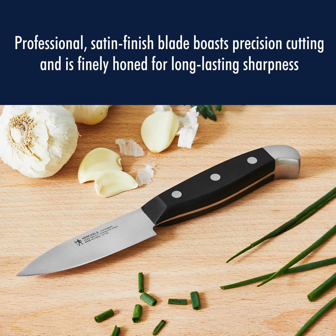 Henckels Statement paring knife stainless blade resists stains and rust for longevity.