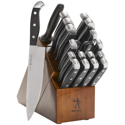 Henckels Statement knife block set on counter showing durable blades for long-lasting precision.
