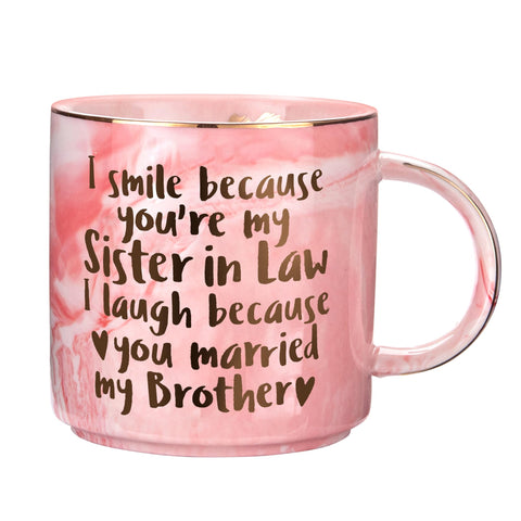 Hendson Sister In Law mug in pink marble design for stylish morning coffee
