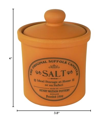 Henry Watson salt jar 3.8 by 4 inches matches compact counter spaces.