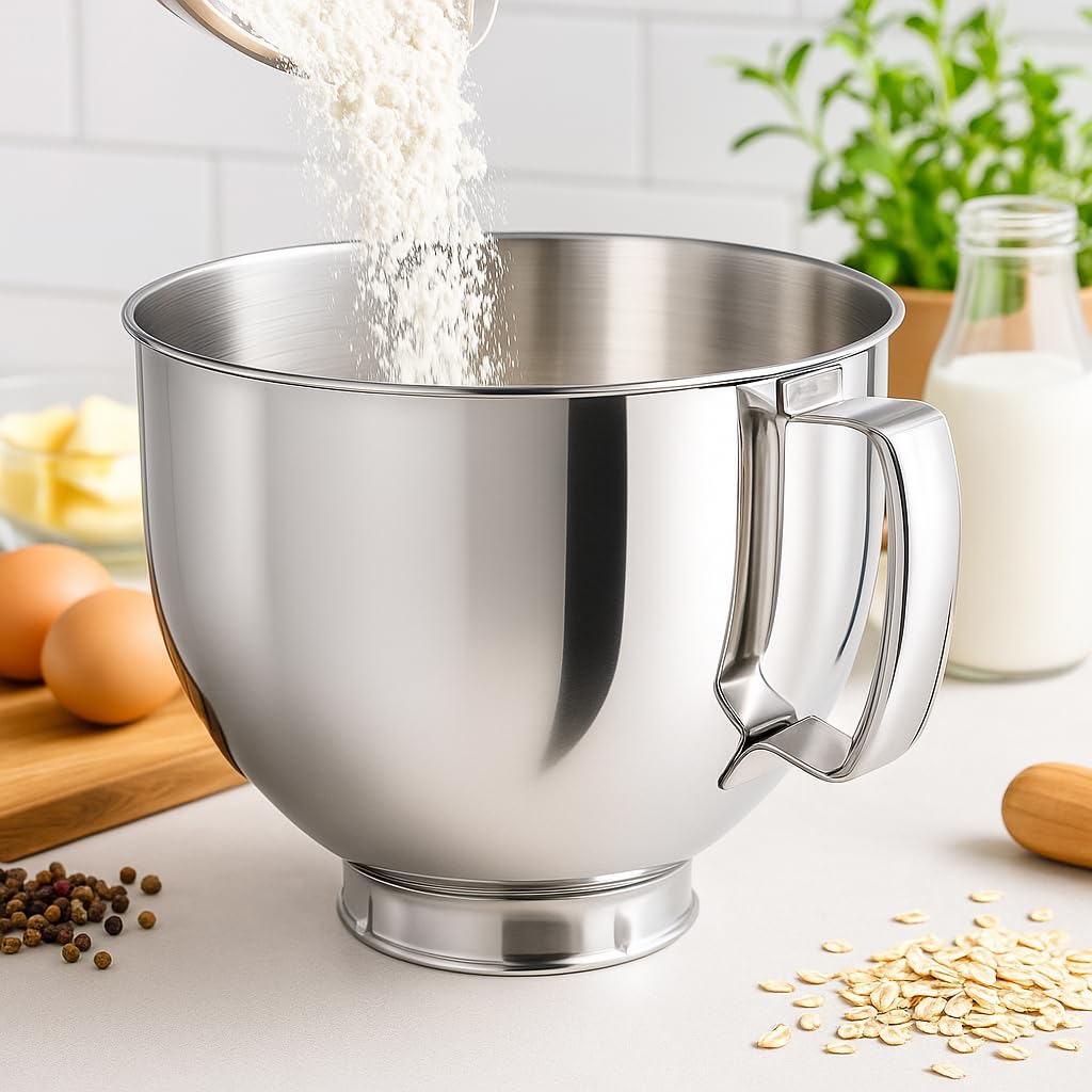 Henryz KitchenAid-compatible bowl locked into mixer base for stable mixing.