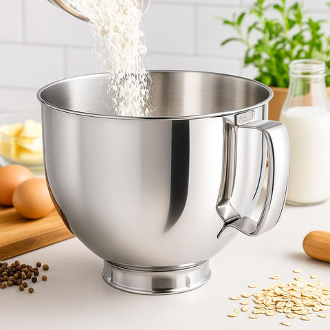Henryz KitchenAid-compatible bowl locked into mixer base for stable mixing.