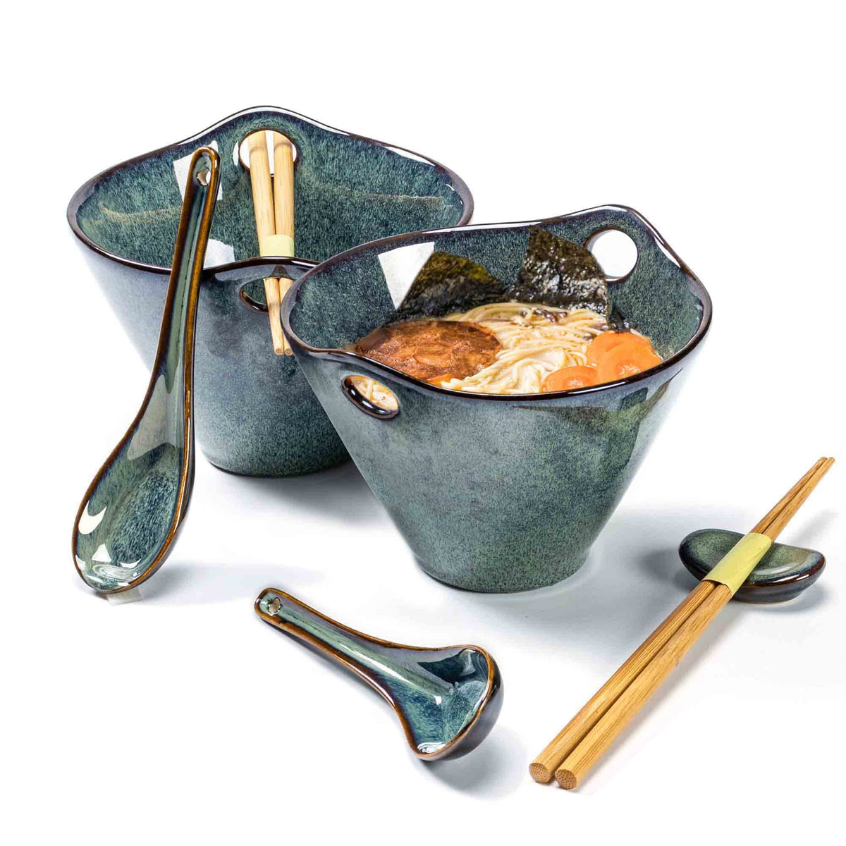 Henten Home ramen bowls with teal reactive glaze for ramen, noodles, and soups.