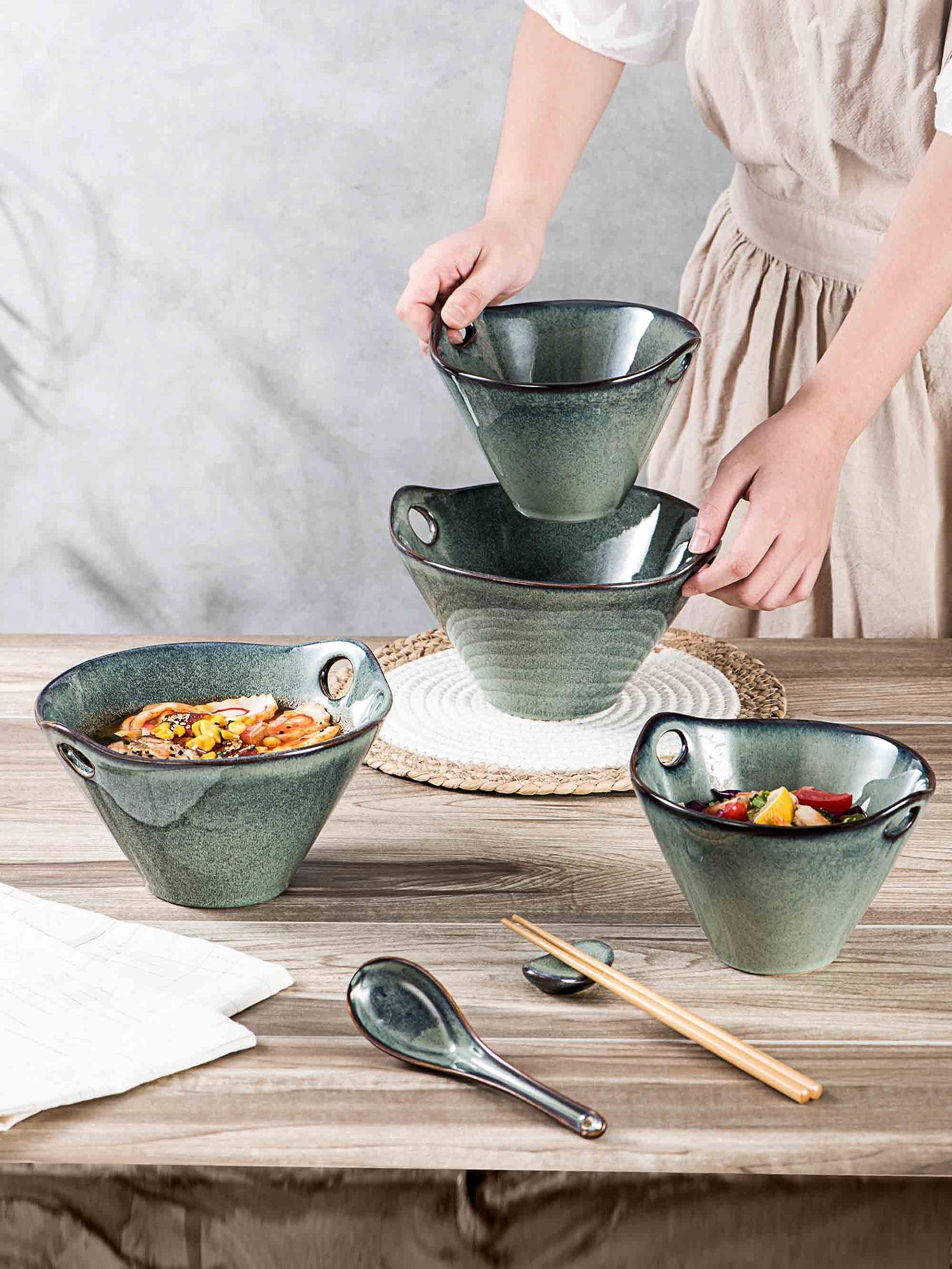 Henten Home bowls with chopstick holes keep utensils secure during meals.