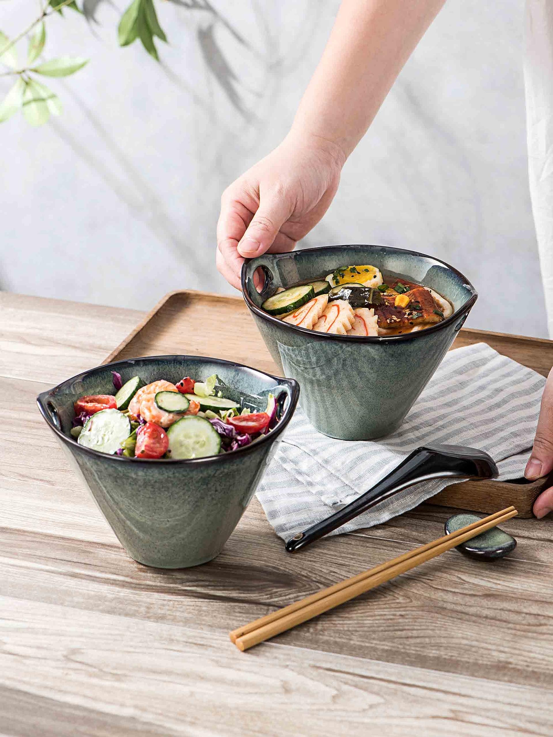 Henten Home noodle bowls showcase vivid teal glaze and durable stoneware.