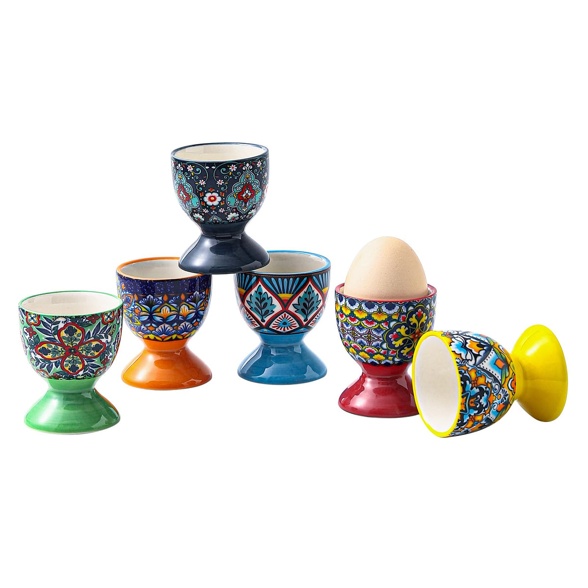 HENXFEN LEAD Boho ceramic egg cups with colorful patterns for festive breakfasts.