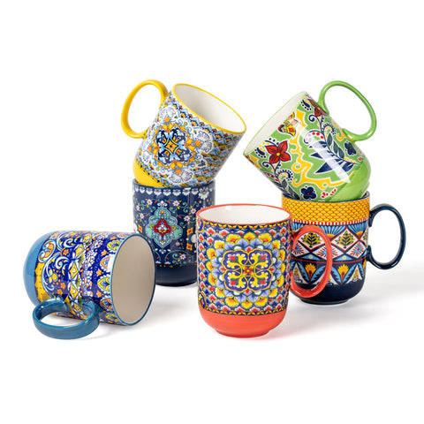 HENXFEN LEAD boho mug set, 14 oz, geometric glaze for stylish morning sips.