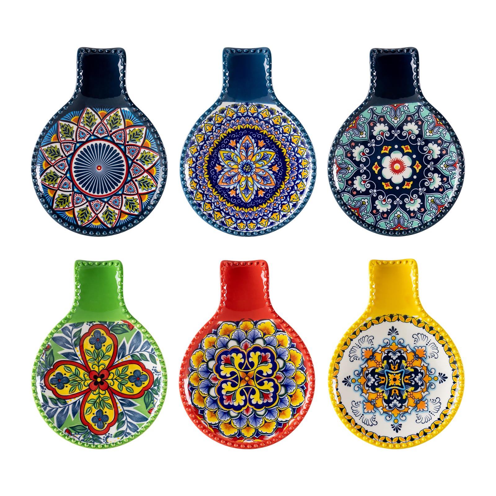 HENXFEN LEAD ceramic spoon rest with Bohemian motif keeps countertops clean and colorful while cooking
