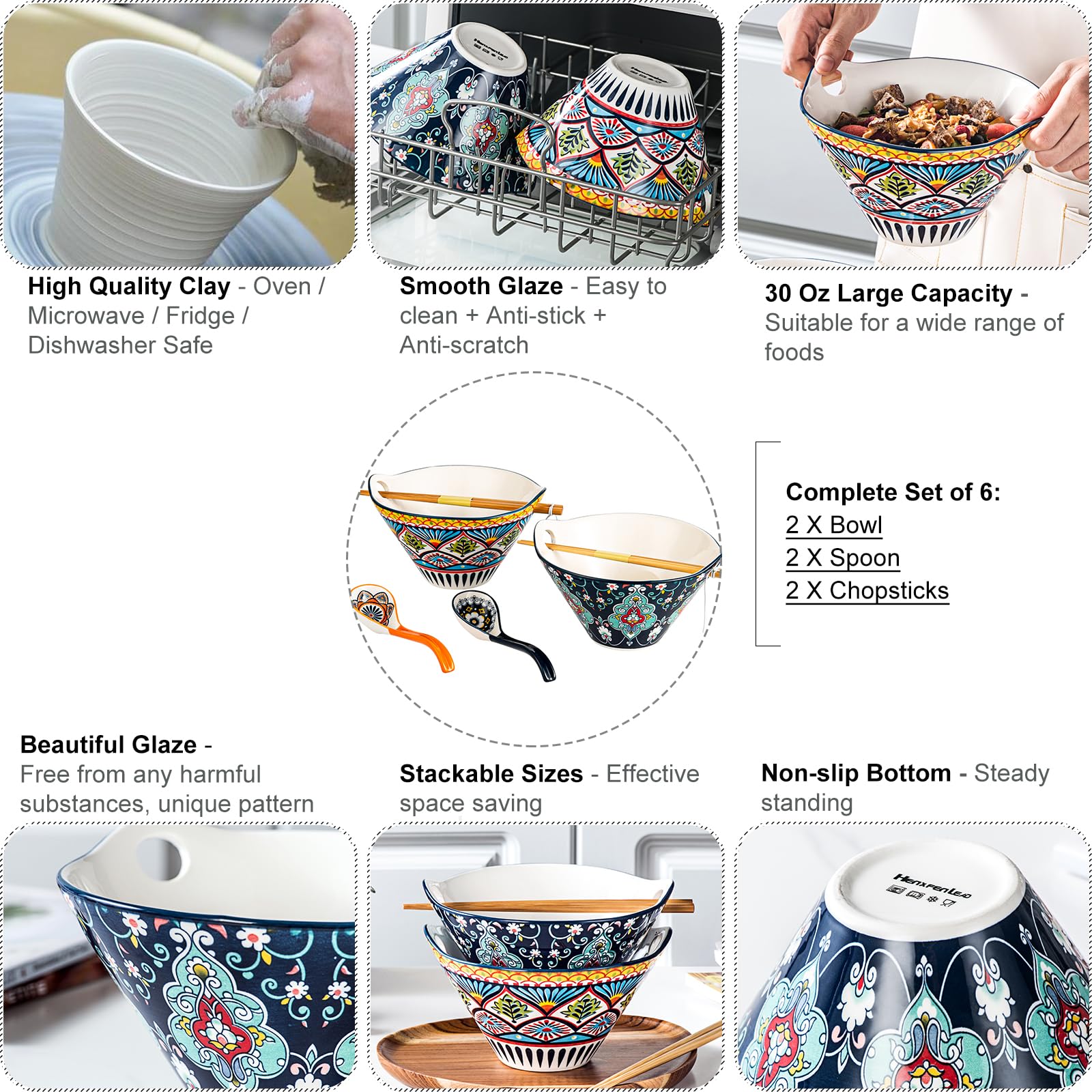 HENXFEN LEAD pattern detail—boho ceramic with vibrant colors for stylish table.