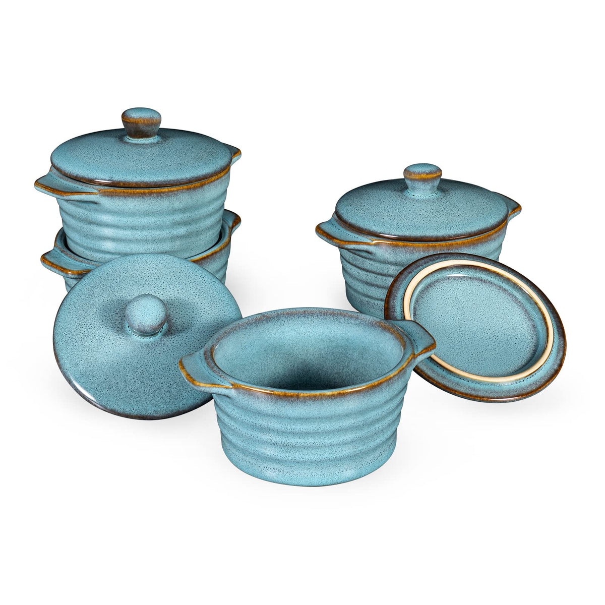 HENXFEN LEAD Creme Brulee ramekin with lid in reactive blue, oven-safe and versatile