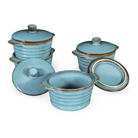 HENXFEN LEAD Creme Brulee ramekin with lid in reactive blue, oven-safe and versatile