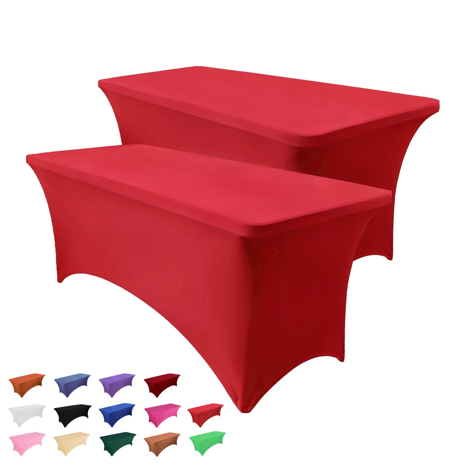 Heochy 6ft rectangular red table cloth stretches to fit securely on banquet tables.