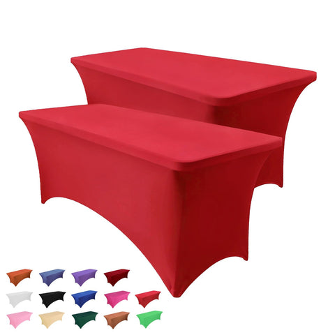 Heochy 6ft rectangular red table cloth stretches to fit securely on banquet tables.