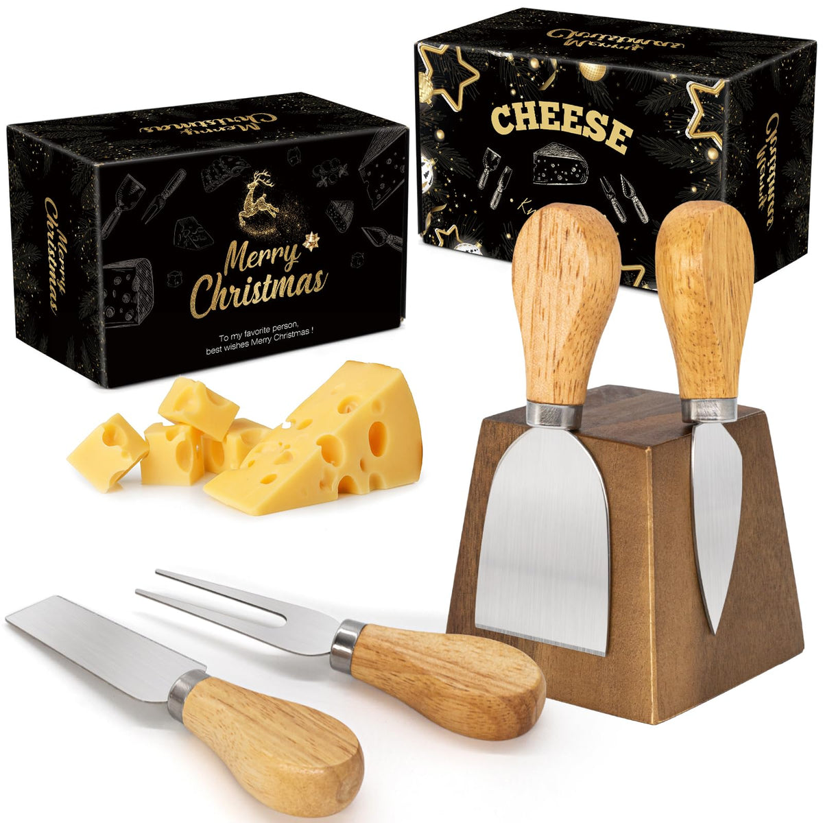 HEORIM cheese knife set semi-heart knife on a charcuterie board for easy spreading.