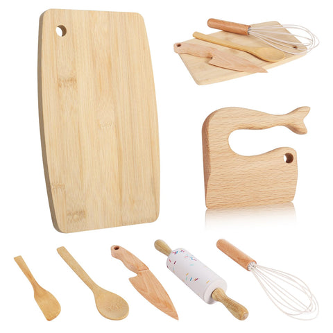 HEQU 7-piece wooden kids knife set for safe real-cooking practice with kids