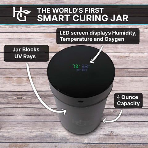 Herb Guard smart lid hygrometer shows humidity for optimal herb storage.