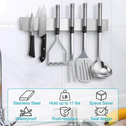 HEREOF knife strip helps organize knives and utensils neatly on kitchen wall.