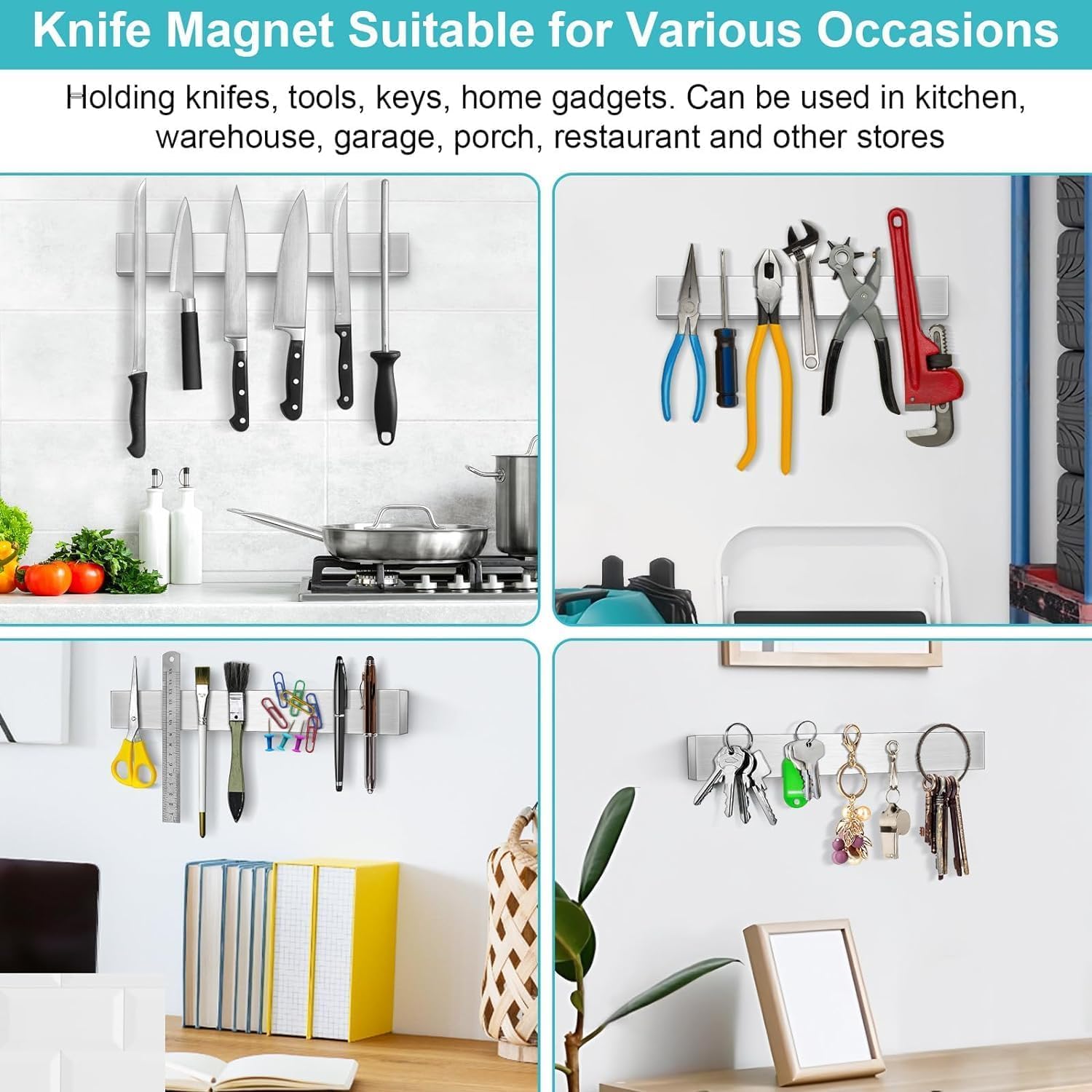 HEREOF knife magnetic strip wall-mount closeup shows robust magnets and satin finish.