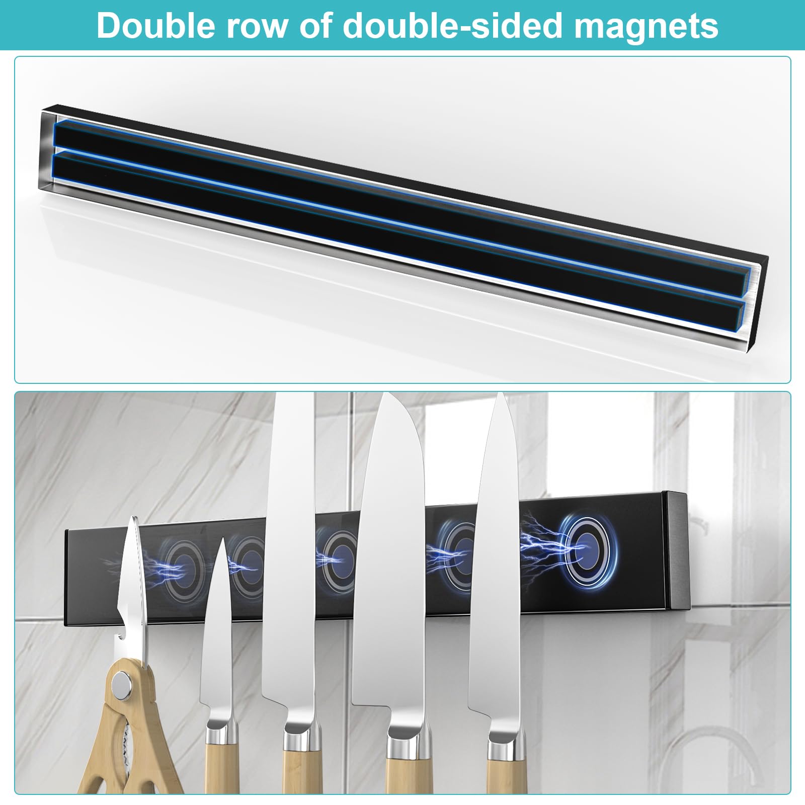 Hereof satin finish stainless steel knife strip offers rust resistance and modern look.