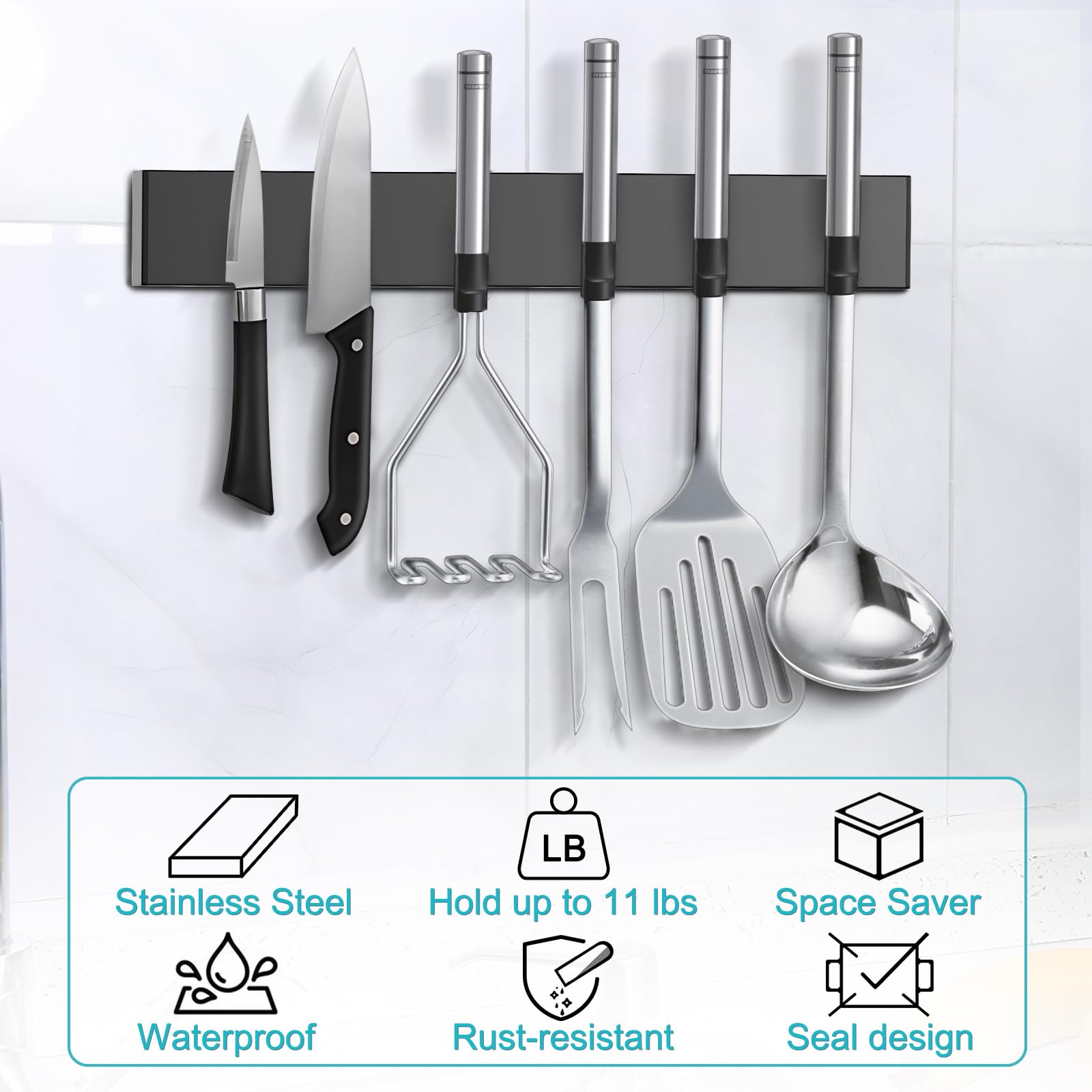 Hereof knife strip with three hooks supports towels and tools.