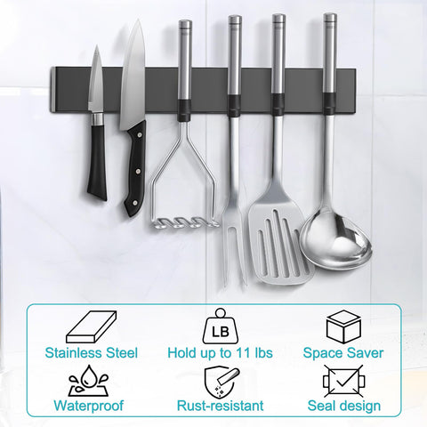 Hereof knife strip with three hooks supports towels and tools.
