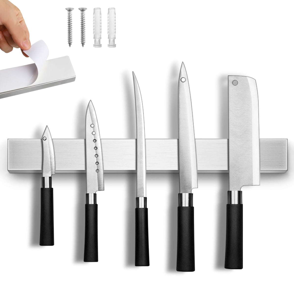 HEREOF magnetic knife strip wall-mount holds knives securely for quick access