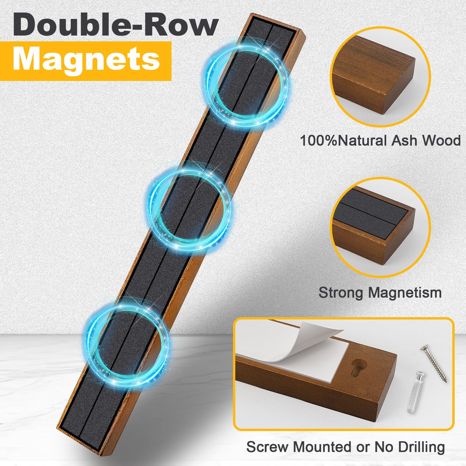 Hereof wooden magnetic knife bar showcases wood texture and compact design