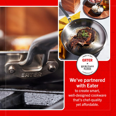 Heritage Steel Eater Series 12-inch pan interior highlights 5-ply fully clad construction for even heat.