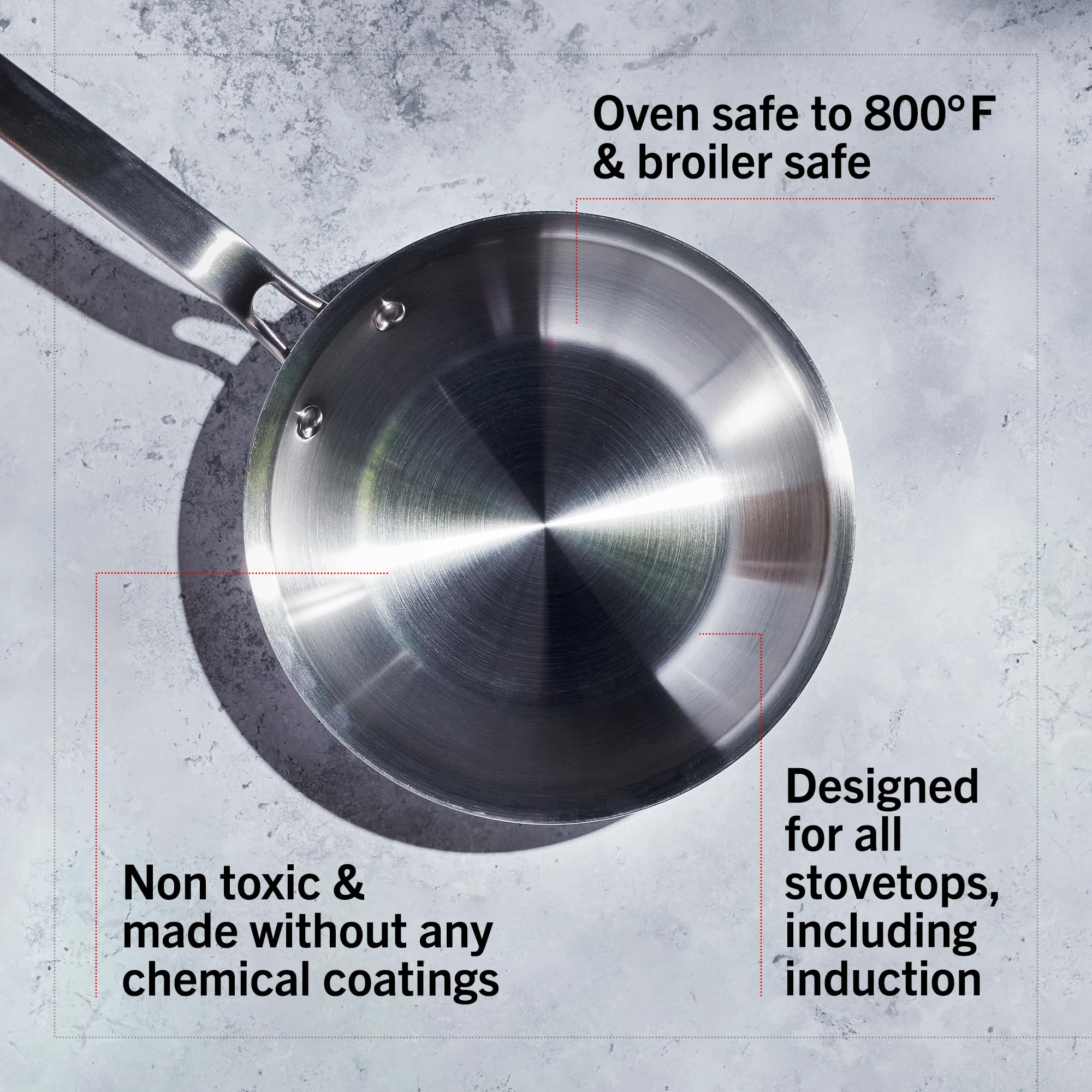Heritage Steel pan with rounded lips enables drip-free pouring after cooking.