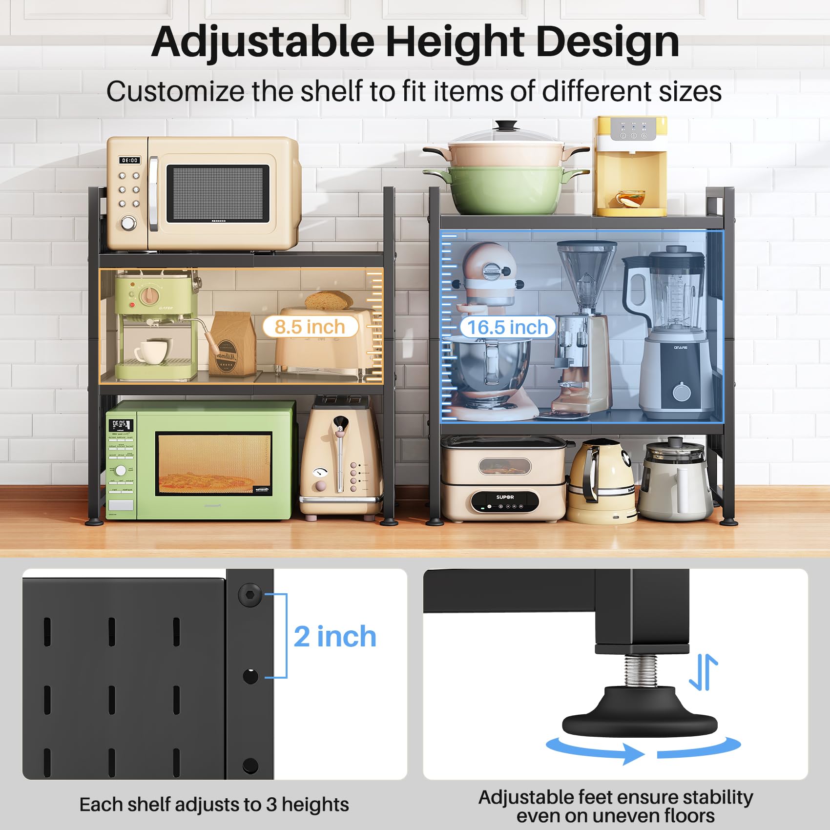 HERJOY adjustable-height shelves on microwave stand for a customized fit