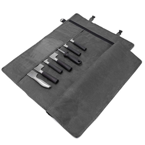 HERSENT knife roll bag closed with 11 sleeves for organized transport.