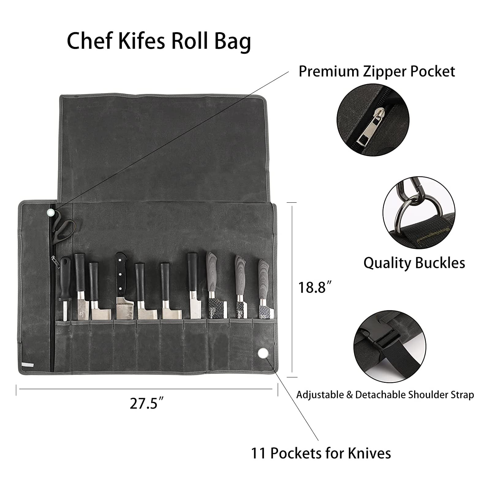 HERSENT knife roll bag open showing 11 sleeves and a zipper pocket.