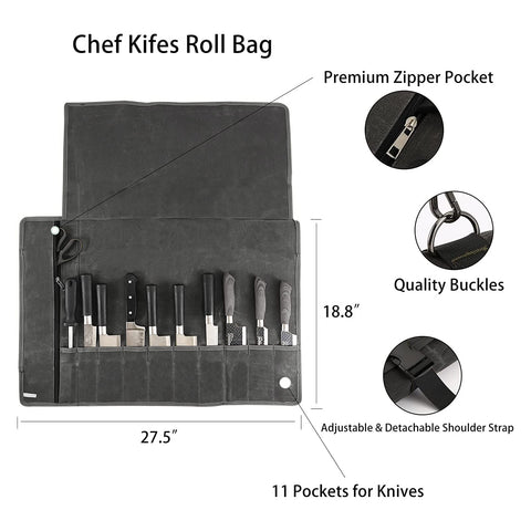 HERSENT knife roll bag open showing 11 sleeves and a zipper pocket.