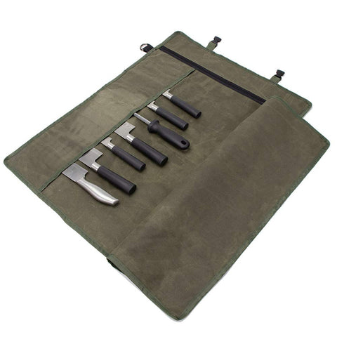 HERSENT knife roll bag open view showing 11 secure sleeves for easy organization on the go