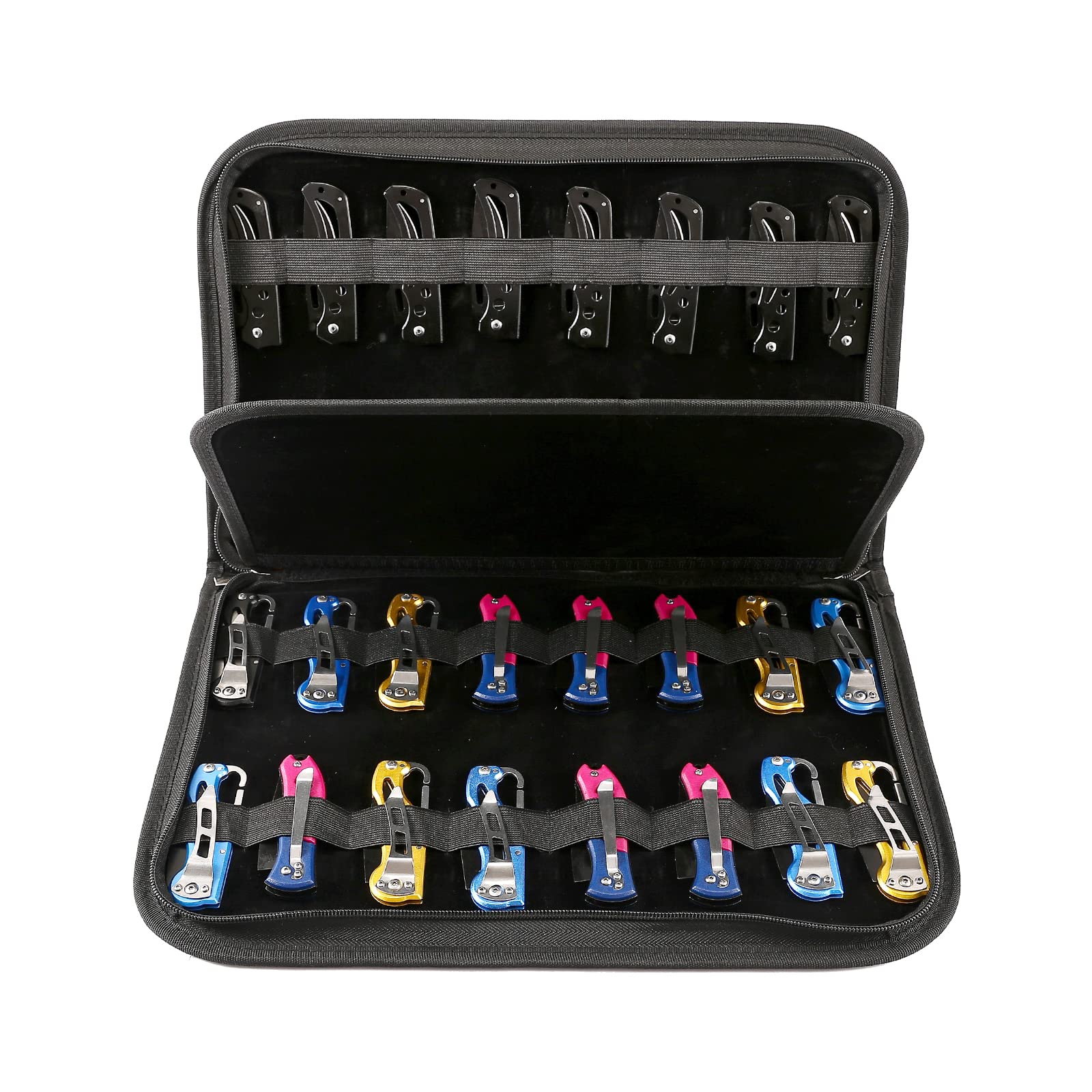 HERSENT knife display case open view showing organized 32-slot layout for quick access.