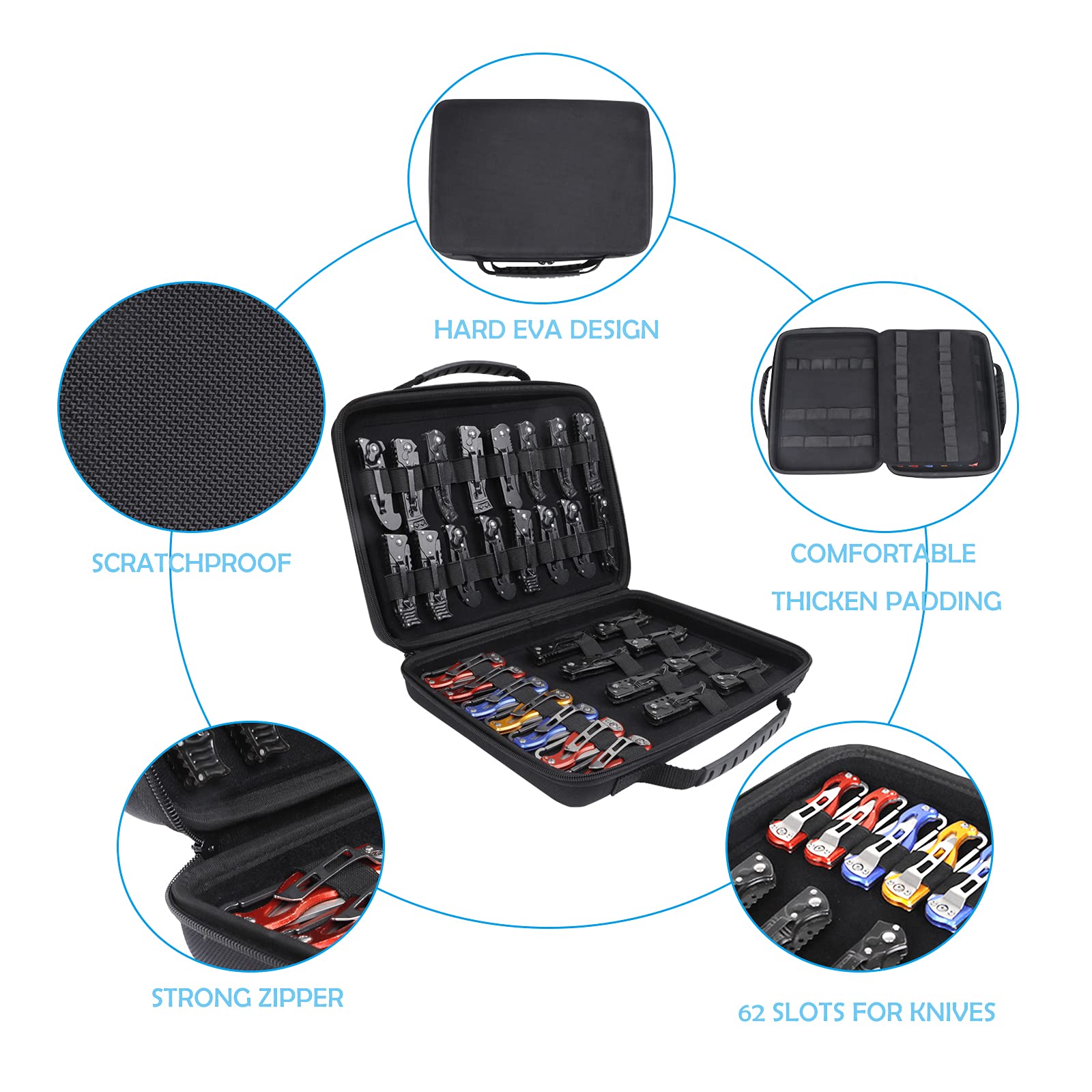 HERSENT knife storage case interior with elastic bands securing each knife.
