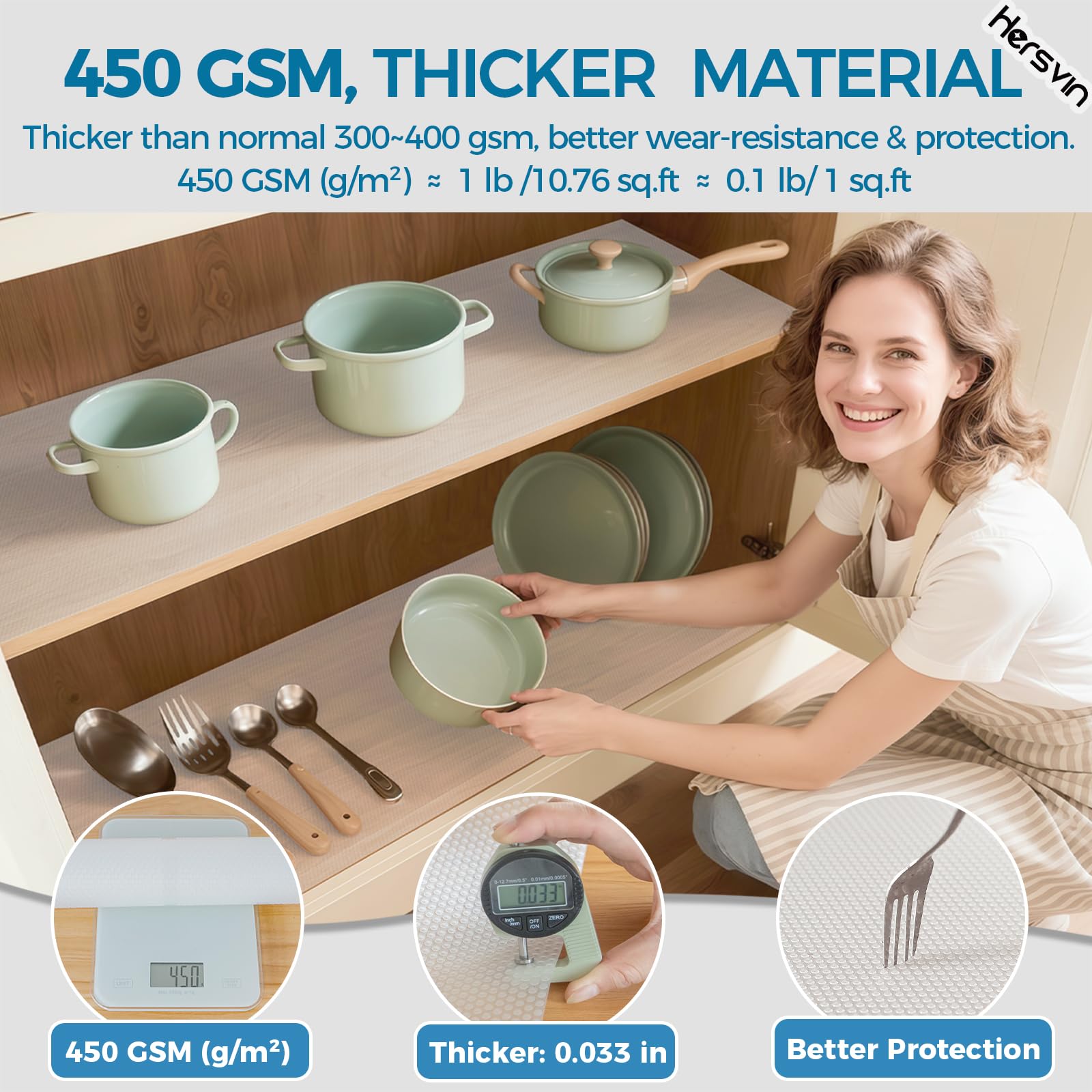 Hersvin cabinet liner anti slip top texture helps keep items in place.