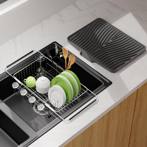 Herxsin dish drying rack in sink with silicone mat keeping counters dry