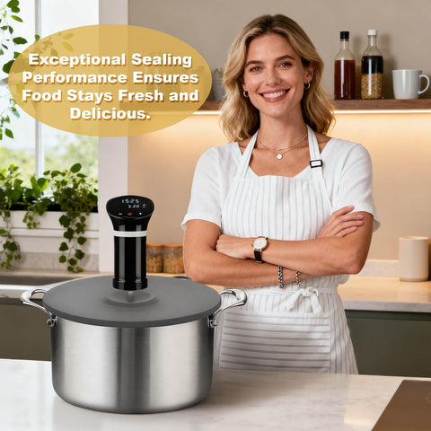 Silicone lid compatible with most sous vide devices and pots.