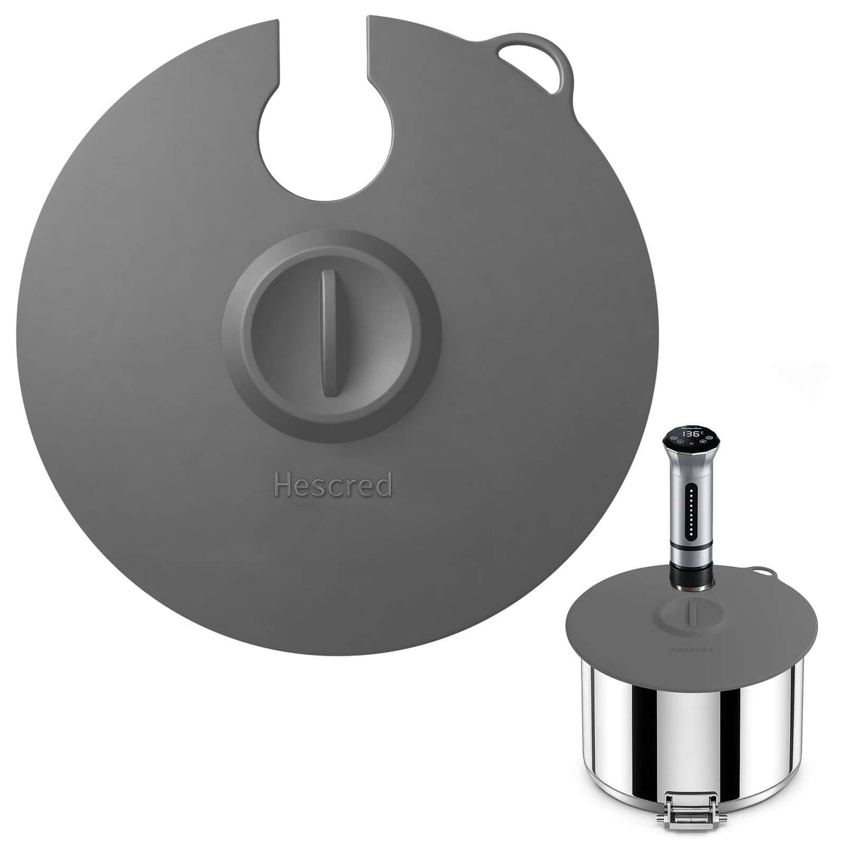 Hescred sous vide lid on an 11-inch pot prevents evaporation and maintains temperature.