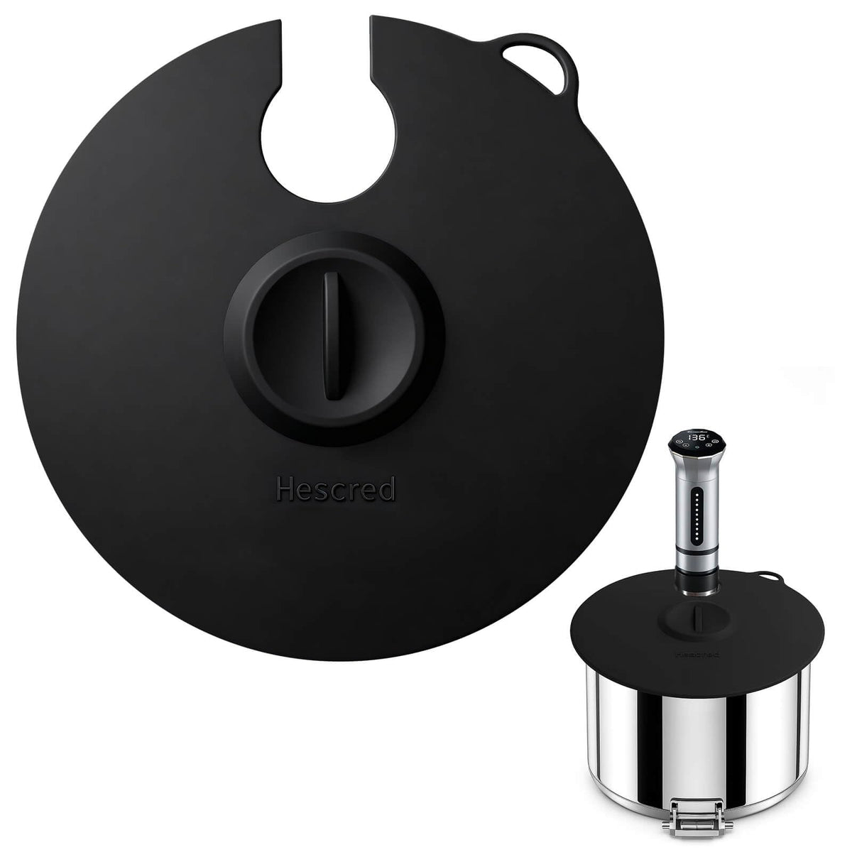 Hescred sous vide lid on pot showing snug fit for even cooking.