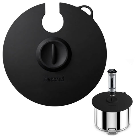Hescred sous vide lid on pot showing snug fit for even cooking.