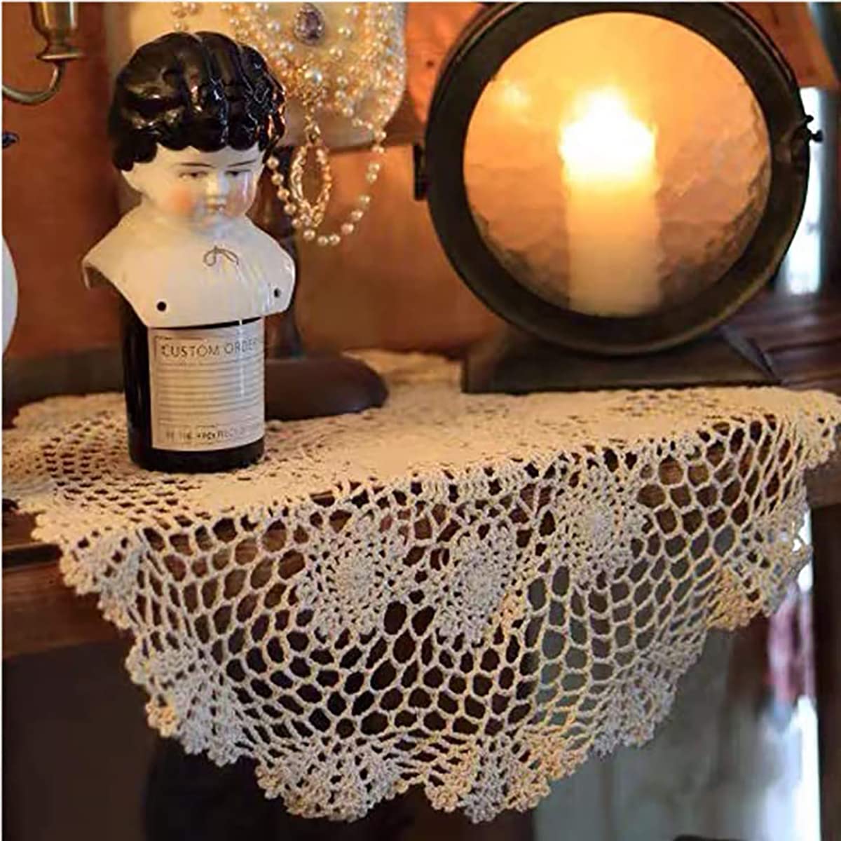 Hetao 15-inch crochet doily complements sofa decor with delicate texture.